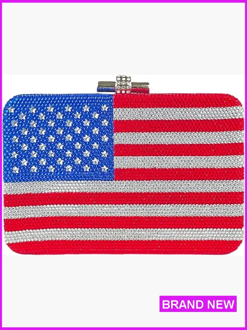 Rhinestone American Flag Clutch Purse Formal Evening Bag Detachable Chain